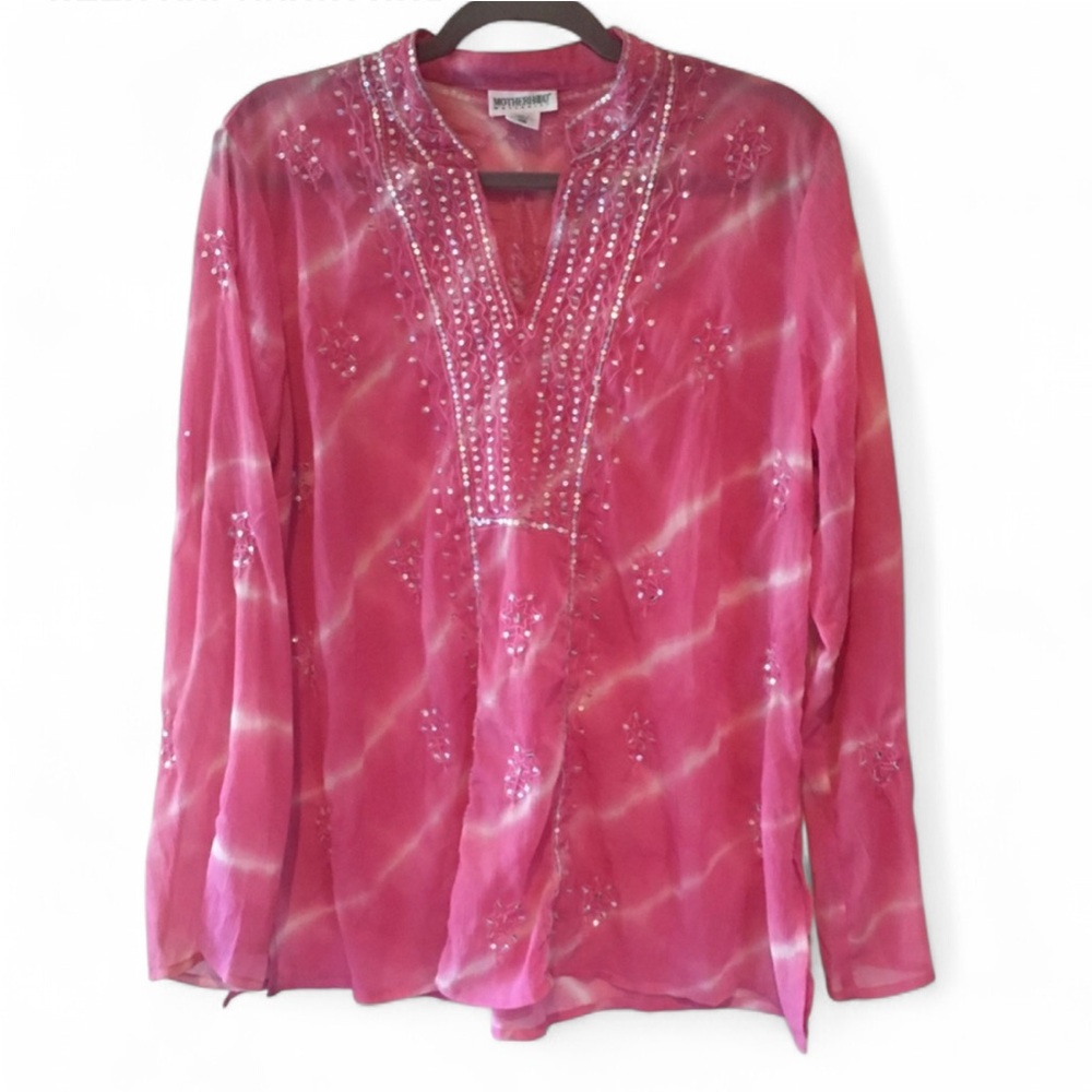 MOTHERHOOD MATERNITY PINK SEQUIN SHEER TIE DIE LONG SLEEVE BLOUSE SIZE LARGE